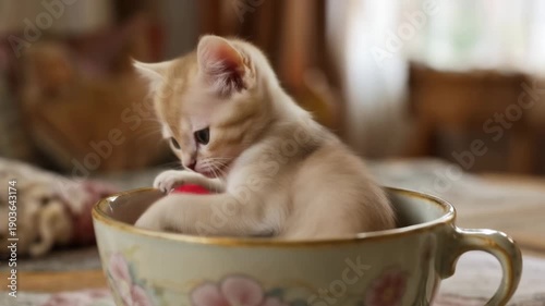 cute kitten in a cup playing with a heart