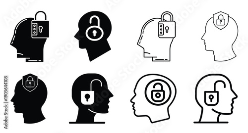 Set of human head silhouette icons with locks and shields symbolizing privacy and security