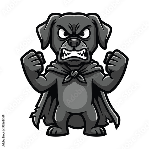 Black dog cartoon mascot with angry expression and superhero cape standing on white background
