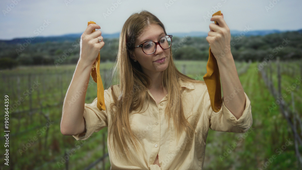 Fototapeta premium Young woman holds mustard socks with bare forearms in green forest; inspection curiosity evaluation wonder.