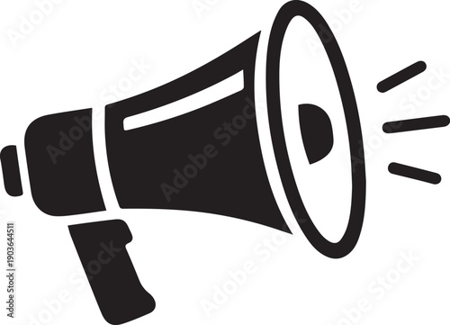 A bold black silhouette of a megaphone, a symbol of communication, power, and announcement.