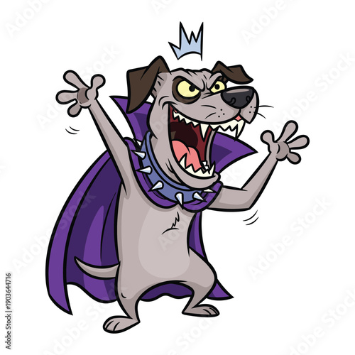 Mad dog character with vampire cape and spiked collar roaring loudly