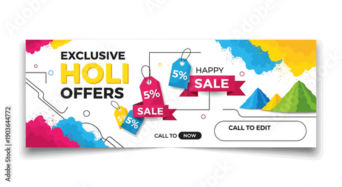 Holi sale banner with colorful powder and discounts