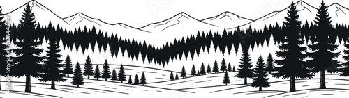 Black silhouette winter mountain landscape with pine forest, snowy hills and distant peaks for wilderness nature design isolated on white background