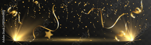 Golden stage spotlights with falling confetti, ribbons and stars on dark background. Festive lighting scene for celebrations, events, parties and luxury presentations.