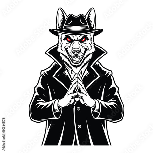 Personified wolf in fedora hat and trench coat menacingly clasps hands, red eyes glow, stylized vector