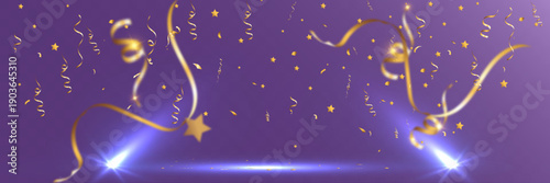 Festive purple background with golden confetti, stars and ribbons illuminated by bright stage spotlights. Celebration lighting effect for holidays, parties, events and promotions.
