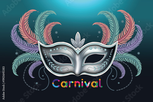 Elegant carnival  silver masquerade mask with colorful feathers