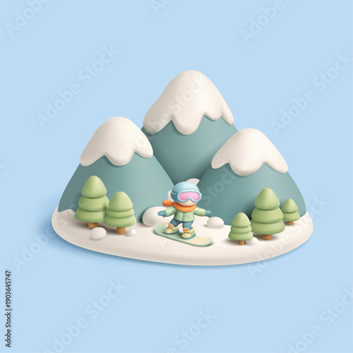 3D character of a snowboarder in snowy mountains with forest. Cute winter scene. Hobby, sport, resort, vacation. Vector illustration.