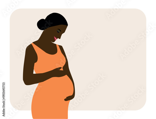 Minimalist flat vector illustration of a pregnant African woman in an orange dress with copy space. Modern maternity and pregnancy concept representing motherhood, female body positivity and prenatal 