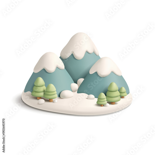 3D winter mountains, snowy forest. Minimalistic icon on white background. Mountain landscape, for vacation, travel concepts. Vector illustration.