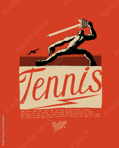 Tennis action net play. Vintage typography tennis t-shirt print vector illustration.