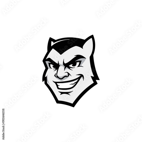 Evil cartoon character head illustration with menacing grin and sharp teeth displayed on a graphic