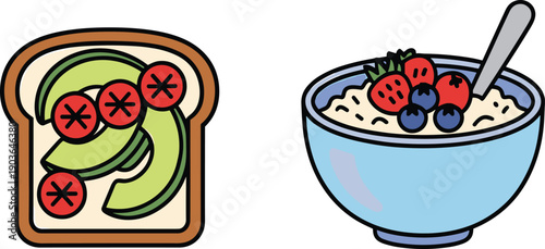 Healthy breakfast food icons with avocado toast and berry oatmeal bowl, flat illustration isolated on white background