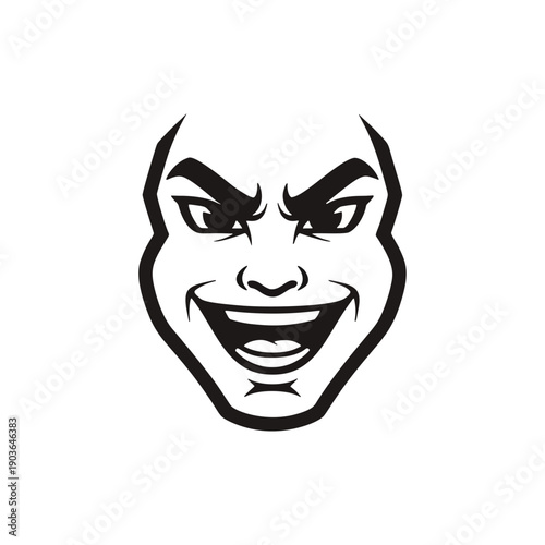 Evil clown face illustration with menacing gaze and wide grin, vector graphic on white background, front view, s37.eps reference