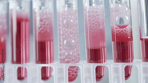 Scientific experiment: red liquid reaction in test tubes with bubbling and transformation