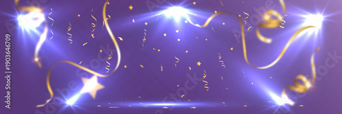 Festive purple background with golden confetti, stars and ribbons illuminated by bright stage spotlights. Celebration lighting effect for holidays, parties, events and promotions.
