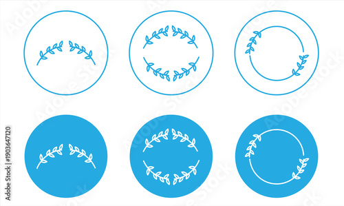 Laurel branch frame icon with circle. Collection of decorative elements including laurel leaves, awards, foliage, invitation decorations, swirls, and ornaments. Isolated on a white background. Vector 