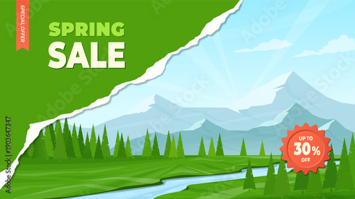 Spring sale banner with torn paper effect. Natural mountain landscape on background. Special offer with discount and best price. Vector illustration.
