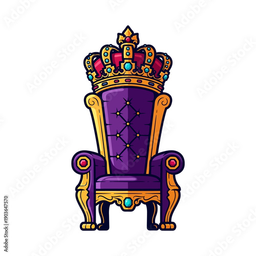 Ornate Royal Throne Chair with Crown, Luxury Purple Seat, Gold Trim
