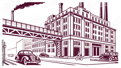 Vintage Industrial City Silhouette with Factory Smokestacks Cars and Workers