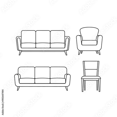 Modern Furniture Set: Sofa, Armchair, Chair Line Art Icons