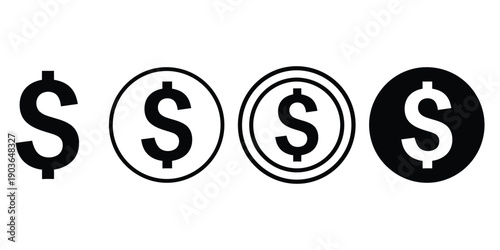 Dollar currency sign set with diverse design styles for international business and banking
