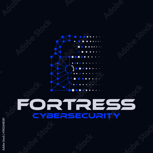 Fortress cybersecurity logo with digital lock made of dot and Lattice-based cryptography line style, suitable for cyber security, data protection, network security, and technology branding design idea