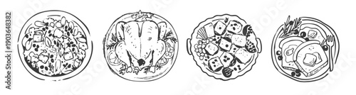Stylized Festive Christmas Dishes Doodle Set. Cute Holiday Food Platters and Bowl Illustration Collection. Outline Hand-Drawn Vector Illustration