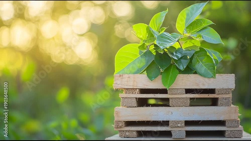 Sunlit green plant growing on wooden pallets in tranquil garden setting