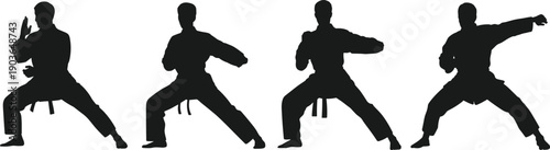 Karate martial arts silhouettes set, fighting poses collection, self defense training figures, combat stances, black silhouettes isolated on white background