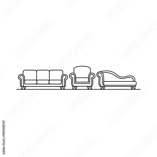 Minimalist Line Art Furniture Set: Sofa, Armchair, Chaise Lounge