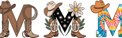 Letter M western alphabet illustration set, cowboy boots hats flowers rope typography, colorful boho initials, decorative flat design isolated