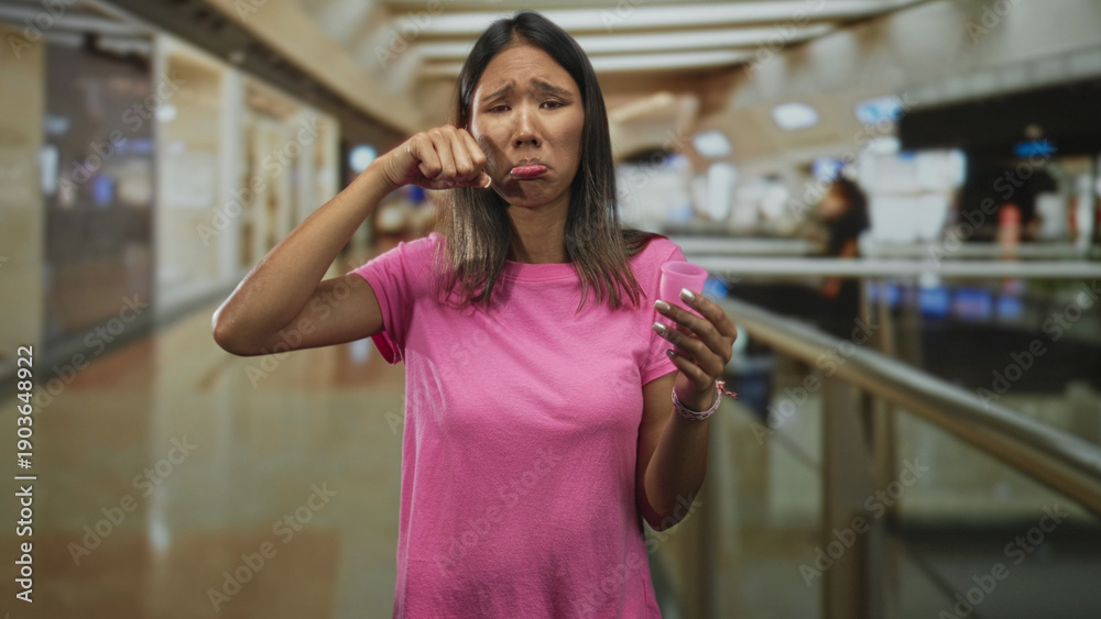 Fototapeta premium Woman holding menstrual cup wipes eyes with hand in airport terminal walkway; embarrassment vulnerability.