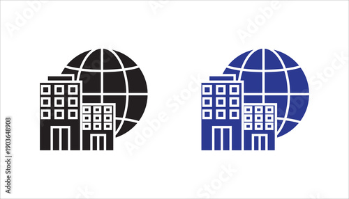 Minimal line icon of office buildings in front of a globe, representing global business, international companies, corporate network, and worldwide real estate concepts. Suitable for web, app, and UI d