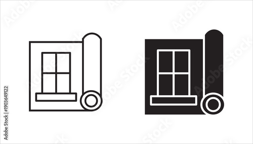 Outline icon of a window with a roller blind, symbolizing home interior, window covering, privacy, and modern living spaces. Ideal for UI, web, and architectural visuals.