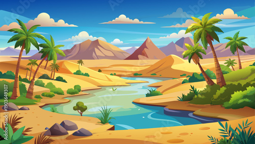 Very beautiful tranquil desert oasis emerges with soft sands, scattered greenery, and calm water, offering a peaceful contrast to Egypt’s vast arid landscapes and timeless natural rhythms.