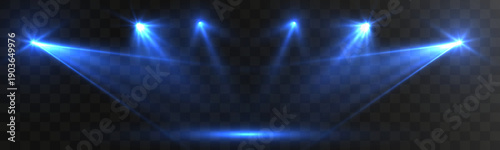 Blue stage spotlights with wide glowing beams on a dark background, creating a modern concert lighting scene suitable for shows, presentations and digital backdrops.

