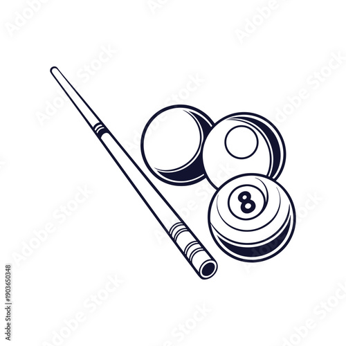 Black and white billiard cue and balls with number 8 ball pool