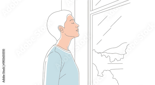 Person with short hair looking thoughtfully out a window with a serene expression calm peaceful moment contemplation day dreaming quiet solitude