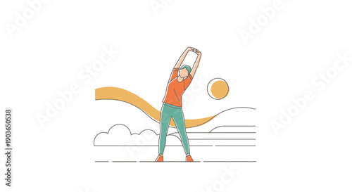 Person stretching outdoors with sun and abstract landscape elements in flat outline style and orange teal color palette for healthy lifestyle or