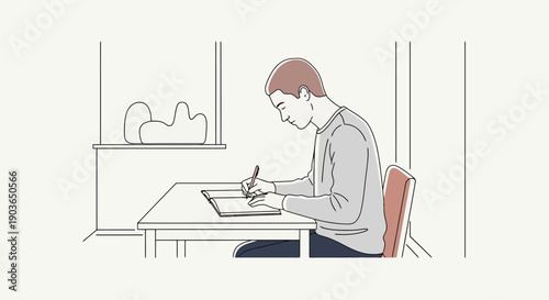 Young man focused on drawing and sketching at a desk with a pen in his hand and a tablet nearby in a simple room
