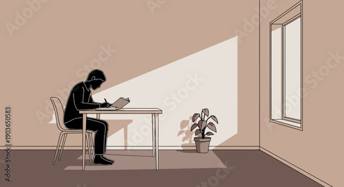 Lone person studies at desk by window in sunlit room with plant symbolizing focus concentration and solitary work or learning during daytime hours