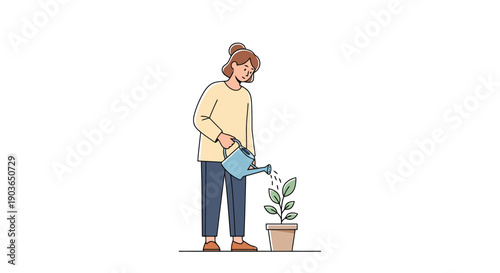 Woman watering small plant in pot with watering can showing growth and nurturing concept in flat design style