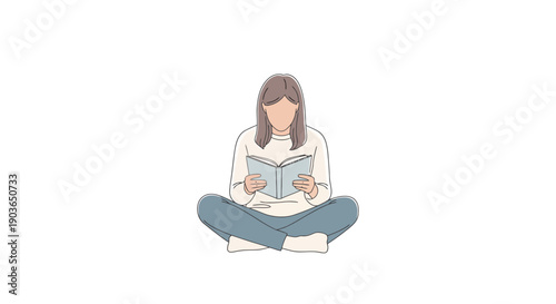 Young Person Sitting Cross Legged Reading Open Book Isolated White Background Minimalist Drawing Style