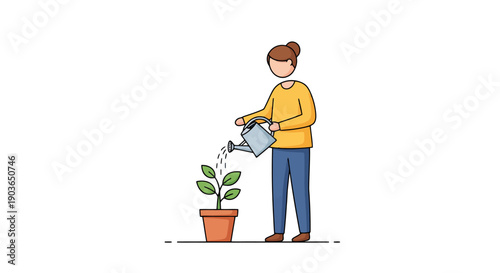 Person watering potted plant focused on nurturing growth and cultivating a green seedling for future development and personal cultivation concepts