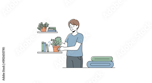 Young man watering green house plants on a shelf in a bright interior with folded textiles nearby a home setting