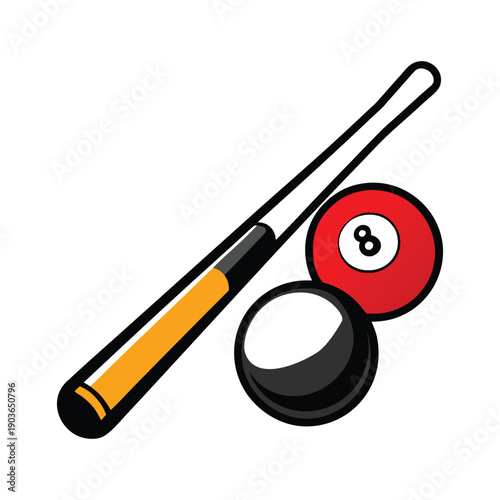 Yellow and black pool cue with black and red eight ball billiards red ball black ball
