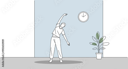 Person performing side bend stretch indoors near a window plant and a wall clock for fitness and wellness routines