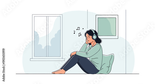 Young woman wearing headphones and listening to music while sitting indoors on a floor with a pillow for comfort and relaxation